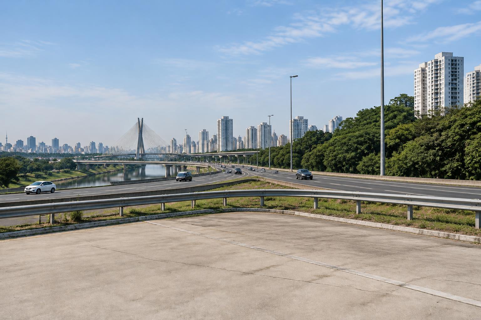Imagem ilustrativa de via expressa de São Paulo vista de um ponto alto, com ponte estaiada e prédios ao fundo